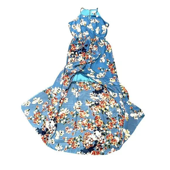 Sweet Storm S Blue Floral Halter Keyhole Lined Maxi Sundress Summer Boho Y2K 90s - Picture 10 of 13